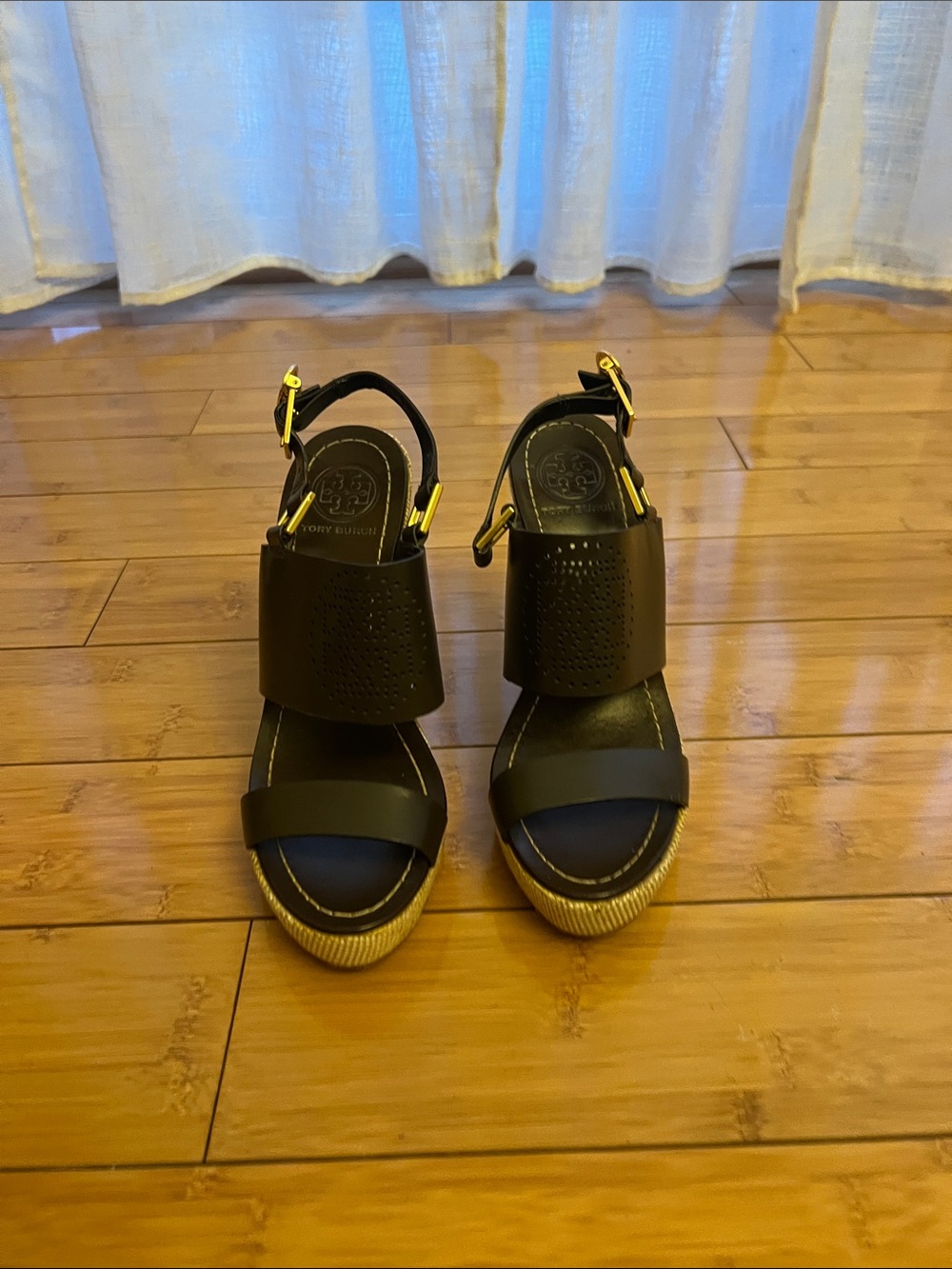 Tory Burch Black Leather Wedge Sandals with Gold Buckle